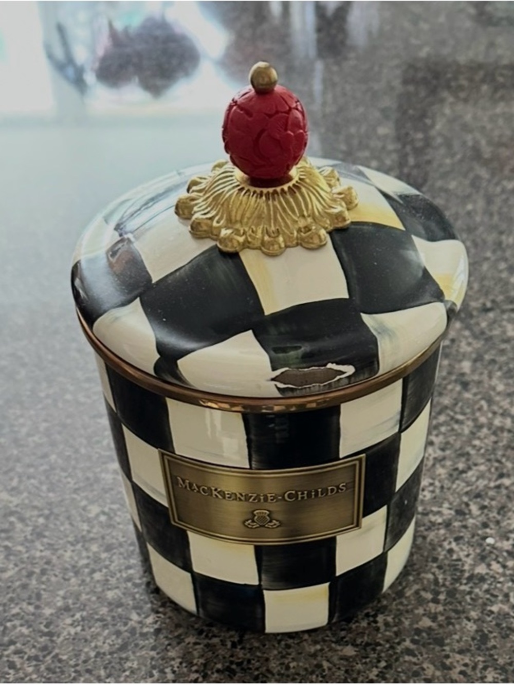 MacKenzie-Childs Black and White Check Canister with Red and Gold Finial